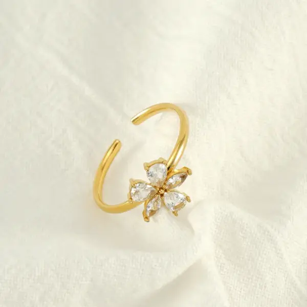 Wholesale PVD Coated 18K Gold Plated Flower 304 Stainless Steel Elegant Waterproof Non Tarnish Open Rings