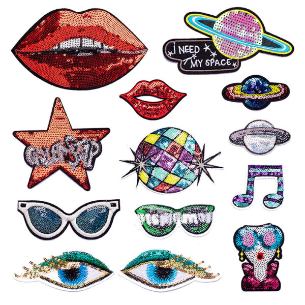 Wholesale Sequined sun red lip embroidered logo fashion disco music sunglasses lip embroidered cloth stickers bag clothing decorative stickers
