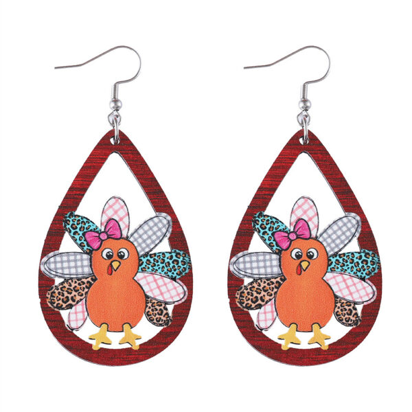 Wholesale Cross-Border New Autumn Harvest Thanksgiving Cute Turkey Water Drop Hollow Pendant Earrings Wooden Double-Sided Earrings