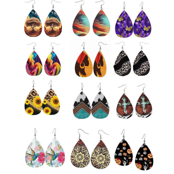 Wholesale Cross-border New Retro Tree of Life Distinctive Earrings Double-sided PU Printed Leather Earrings Trendy All-match Earrings