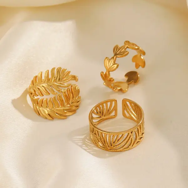 PVD Coated 18K Gold Plated Leaves 304 Stainless Steel IG Style Waterproof Non Tarnish Open Rings