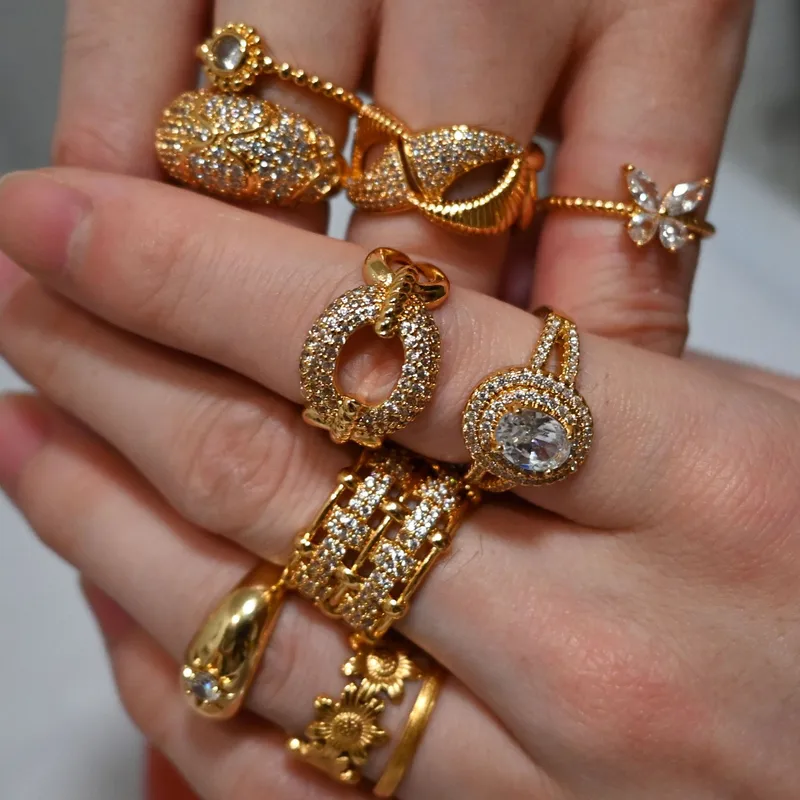 Wholesale Copper U Shape PVD Coated Zircon Real Gold Plated Simple Style Waterproof Non Tarnish Plating Inlay Open Rings
