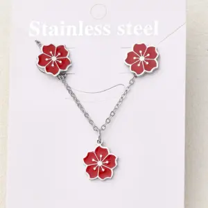 Red Six-Petal Flower Pendant Necklace & Earings Set (Steel Color) / 14x12mm (Length:450+50mm)& 12x12mm / 1 Set/Package