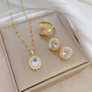 Wholesale Elegant Lady Simple Style Geometric Artificial Gemstones Titanium Steel Copper Inlay Artificial Gemstones Gold Plated Rings Earrings Necklace