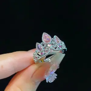 YXB080 Pink Diamond Crown Open Ring / Steel Color
