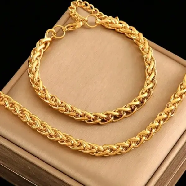 Wholesale 316 Stainless Steel Geometric Electroplated 18K Real Gold Plated Casual Elegant Classic Style Waterproof Non Tarnish Basket Chain Bracelets Necklace Jewelry Set