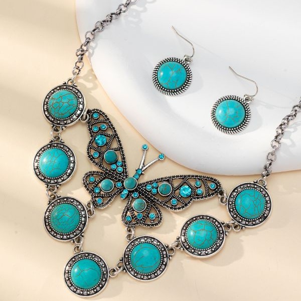 Wholesale Cross-border selling Europe and the United States exaggerated Bohemian vintage turquoise butterfly necklace earrings set jewelry manufacturers