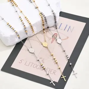 Wholesale Jewelry Casual Vintage Style Classic Style Cross Saint Benedict Square 304 Stainless Steel 18K Gold Plated Beaded Polishing Plating Sweater Chain Long Necklace Necklace