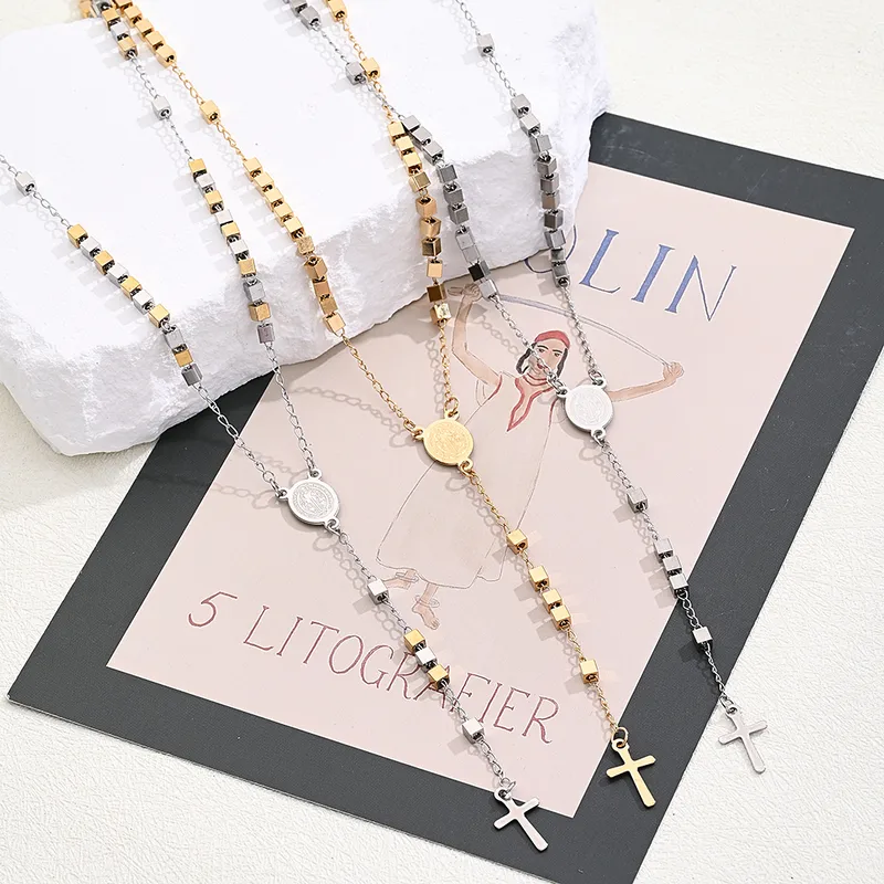Wholesale Jewelry Casual Vintage Style Classic Style Cross Saint Benedict Square 304 Stainless Steel 18K Gold Plated Beaded Polishing Plating Sweater