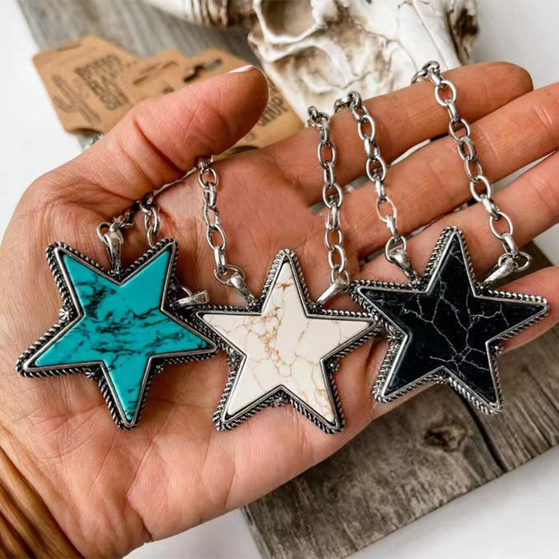 Wholesale Mingcheng cross-border Amazon independent station Western Wind big five-inted star turquoise pendant personality clavicle chain European and
