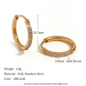 Rounded Edge Zircon Earrings-Gold-16mm