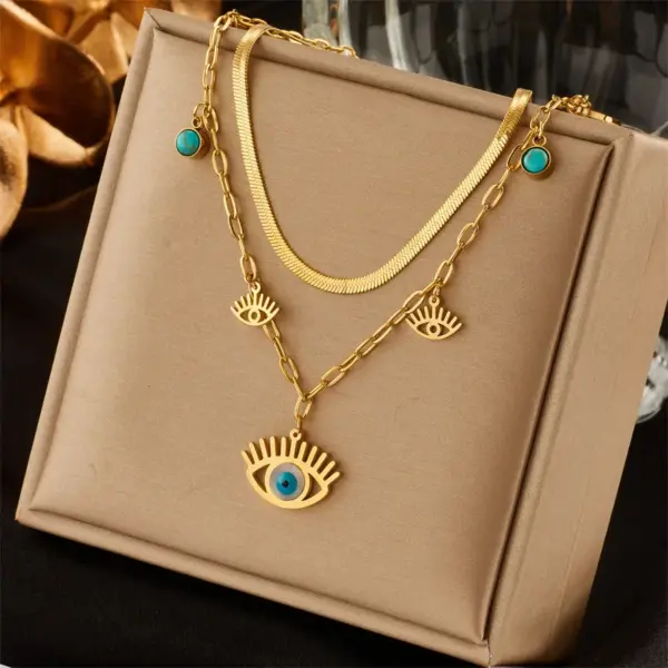 Wholesale PVD Coated Real Gold Plated Sun Eye Titanium Steel Fashion Waterproof Non Tarnish Layered Necklaces