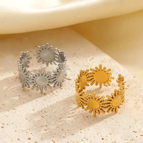 Wholesale Ion Plating (IP) 18K Gold Plated Sun 304 Stainless Steel Vintage Style Waterproof Non Tarnish Open Rings