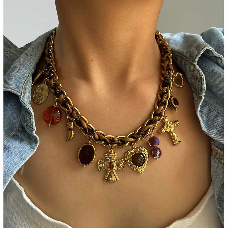 1 Piece Handmade Spliced Chain Stainless Steel Cross Heart Ceramic Multi Pendant 18K Gold Waterproof Color Retention Women's High-end Necklace