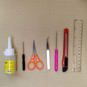scissors tweezers ruler glue art knife screwdriver awl