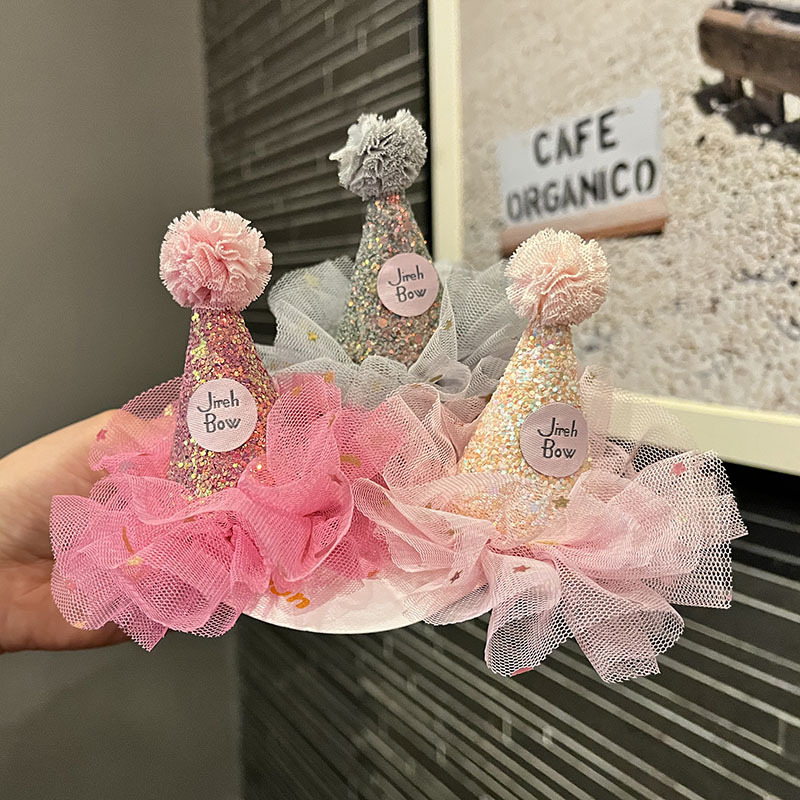 Wholesale hairpin princess party hat hair clip baby birthday hair aessories mesh girl