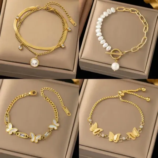 Wholesale Lady Butterfly Titanium Steel Plating Inlay Freshwater Pearl Bracelets