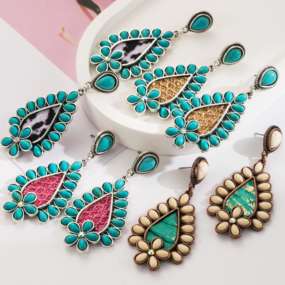 Wholesale Amazon Explosions Trend Turquoise Earrings European and American Creative Leopard Leather with Turquoise Exaerated Niche Ear Jewelry