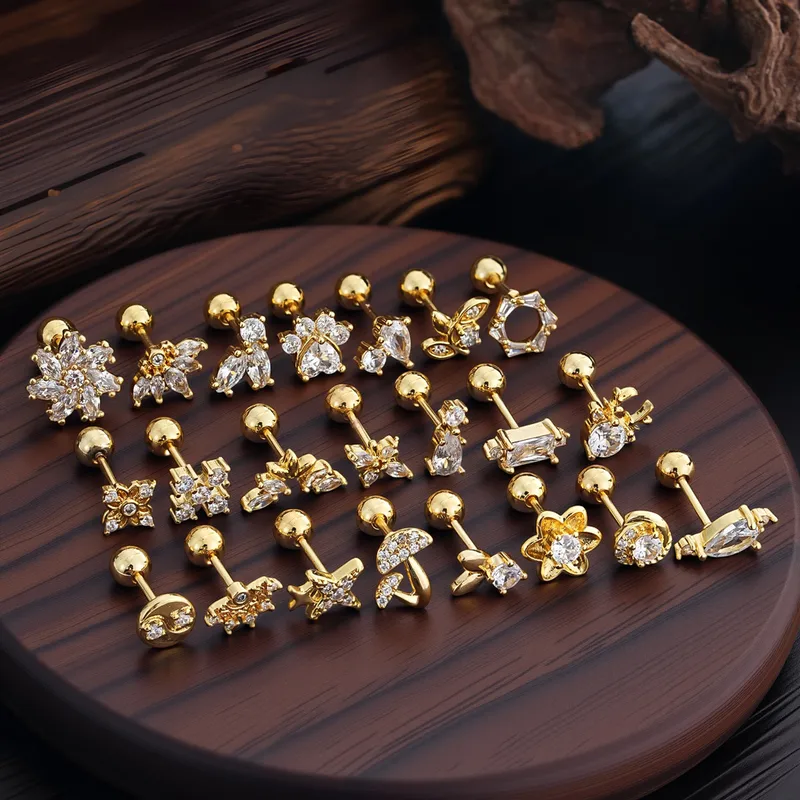 Wholesale Stainless Steel Micro-Set Zirconia Ear Studs Simple Piercing Jewelry Punk Style Unisex Animal Zodiac Heart Pattern Earrings