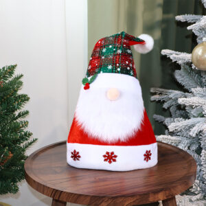 Santa claus wears red and green checkered christmas hat / All yards