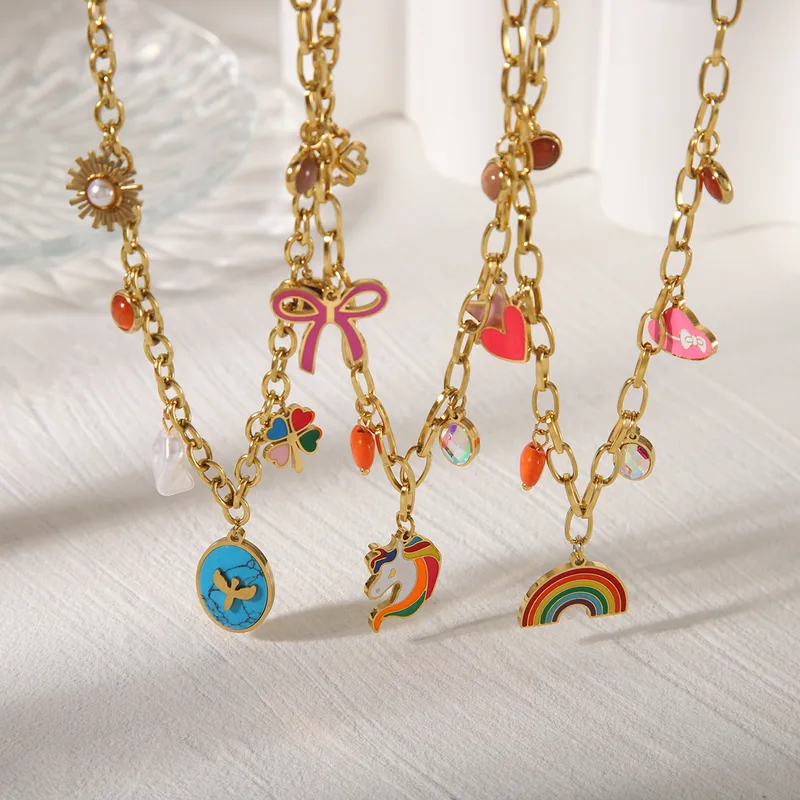 Wholesale Jewelry Simple Style Classic Style Commute Rainbow Star Heart Shape 304 Stainless Steel Acrylic 18K Gold Plated Enamel Inlay Double Layer Ne