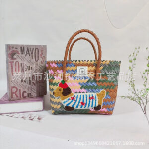 Gray color hand basket with striped dachshund