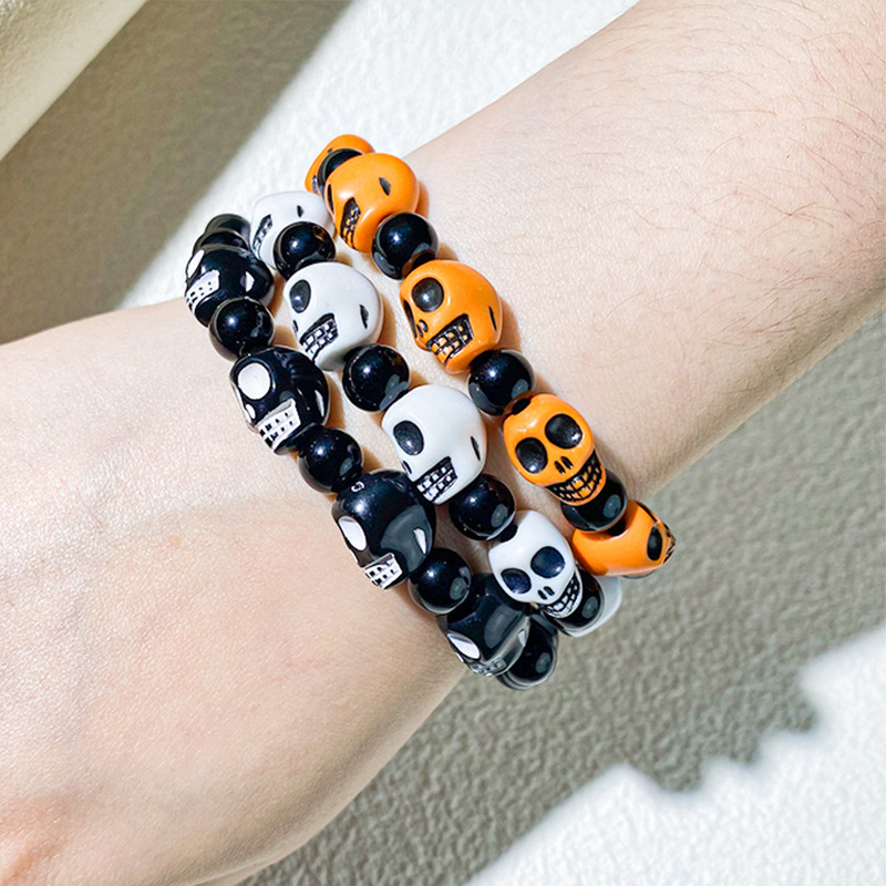 Wholesale Cross-border Black and White Skull Beaded Bracelet Unisex Hip Hop Punk Bracelet Diablo Vintage Bracelet