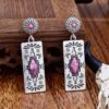 Wholesale Retro Western style earrings, rectangular patterned earrings inlaid with turquoise and pink stones