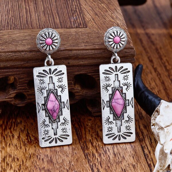 Wholesale Retro Western style earrings, rectangular patterned earrings inlaid with turquoise and pink stones