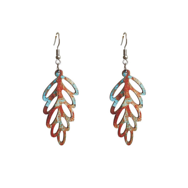 Wholesale Colorful Bohemian retro distressed hollow leaf wood earrings