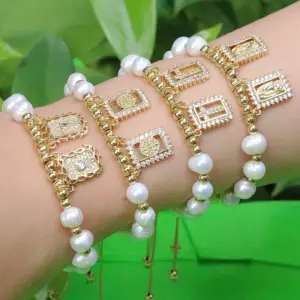Wholesale Fashion Portrait Faith Cross Copper Gold Plated Zircon Bracelets In Bulk