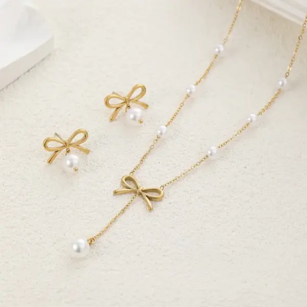 Wholesale Jewelry Simple Style Classic Style Bow Knot 304 Stainless Steel Artificial Pearls 18K Gold Plated Jewelry Set
