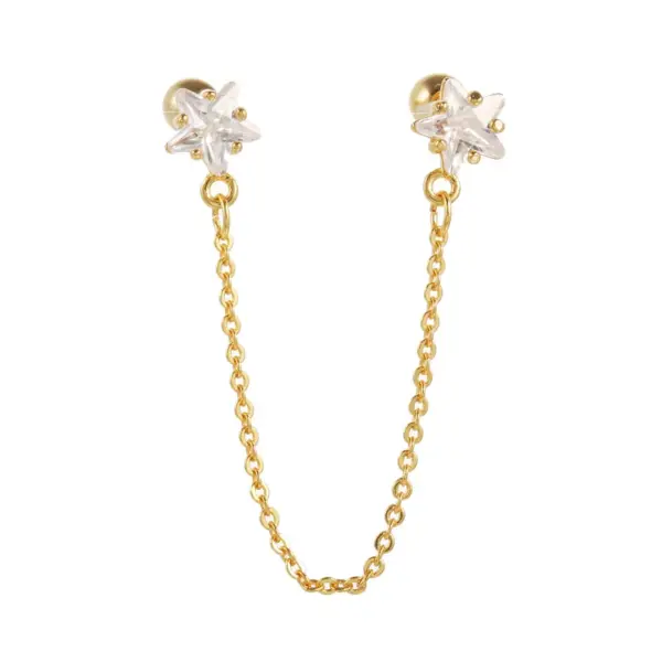 Wholesale Fashion Chain Five-pointed Star Double Pierced Ball Stud Copper Earrings