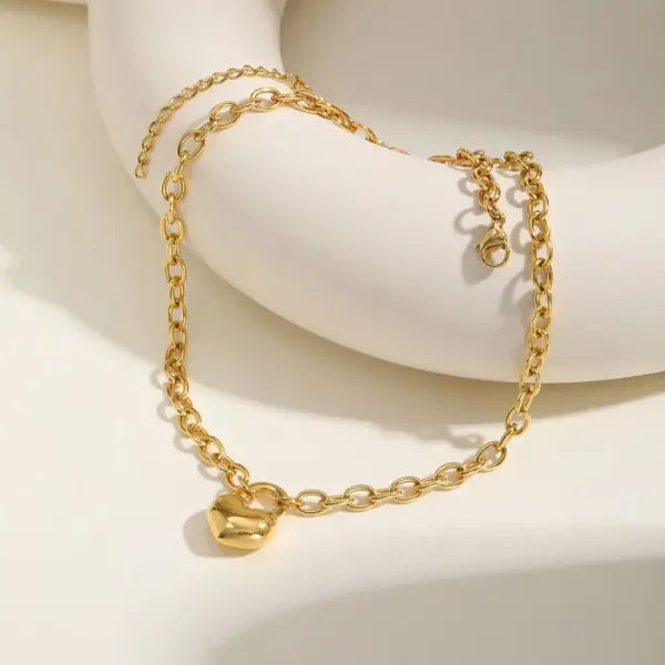 304 Stainless Steel Women's Fashion Punk Round Cross Chain Heart Lock Bracelet + Necklace Jewelry Set 18K Gold Plated