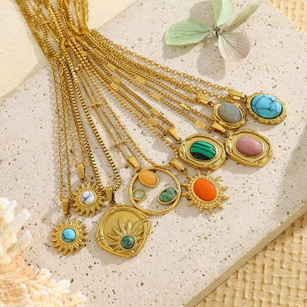 Wholesale French Colorful Natural Stone Edge Design Handmade DIY Pendant Titanium Steel Plated 18K Gold Jewelry Accessories