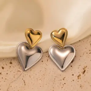 G399 Heart-Shaped Earrings Upper Gold Lower Steel