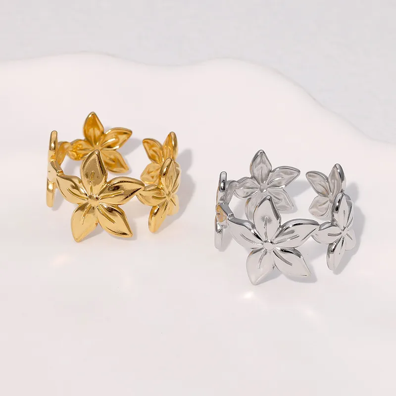 Wholesale PVD Coated Real Gold Plated 18K Gold Flower 304 Stainless Steel Elegant Vacation Simple Style Waterproof Non Tarnish Open Rings