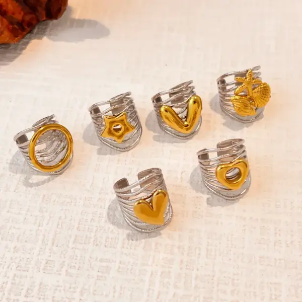 Wholesale 18K Gold Plated 304 Stainless Steel Vacuum Electroplating (In Furnace) Geometric Circle Sun Heart Shell (Jewelry) Waterproof Non-Fading Asymmetric Classic Open Ring