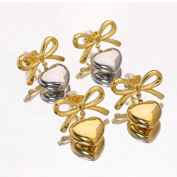 Wholesale Ion Plating (IP) 18K Gold Plated Heart Shape Bow Knot 304 Stainless Steel Elegant Glam Classic Style Waterproof Non Tarnish Drop Earrings