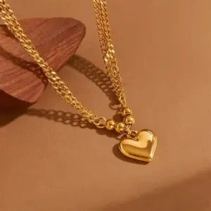 X01123-Double Layer Beaded Heart Necklace- Gold