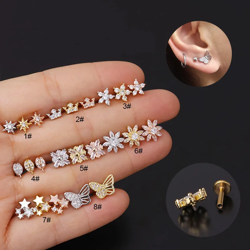 Wholesale 316L Stainless Steel Copper Zircon Ear Cartilage Rings & Studs Flower Waterproof Non Tarnish Surgical Steel Women'S