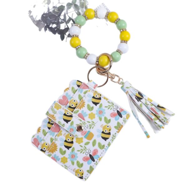 Wholesale New wooden bead bracelet, card holder, keychain, PU tassel beaded printed animal wallet/card holder