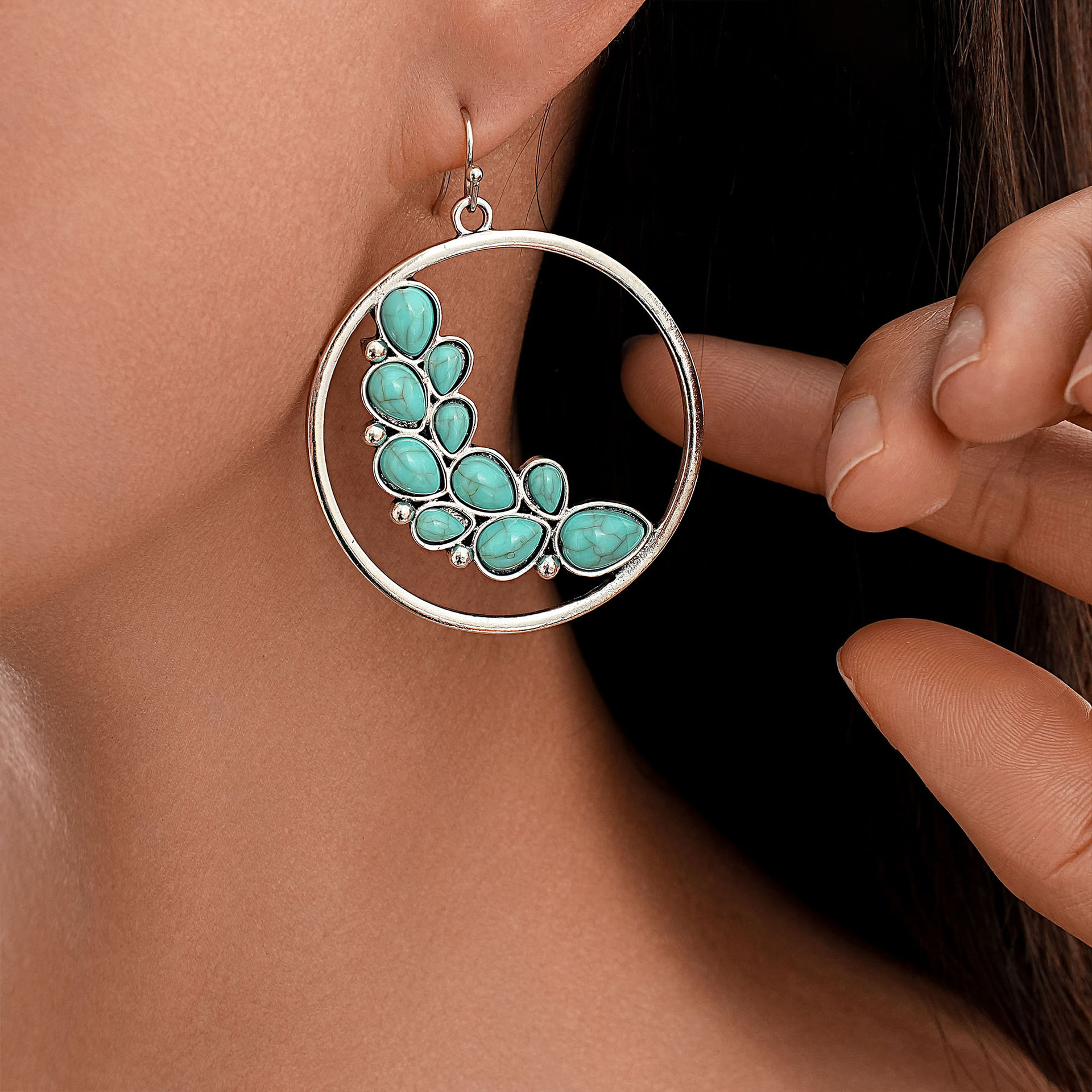 Wholesale New European and American Retro Cross-border Earrings Personalized Exaerated Large Circle Leaves Turquoise Earrings Alloy Earrings
