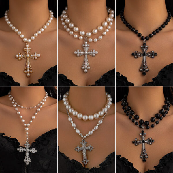 Wholesale European and American Cross-border Cyberpunk Cross Necklace Dark Exaggerated Micro-inlaid Imitation Pearl Multi-layered Stacked Jewelry