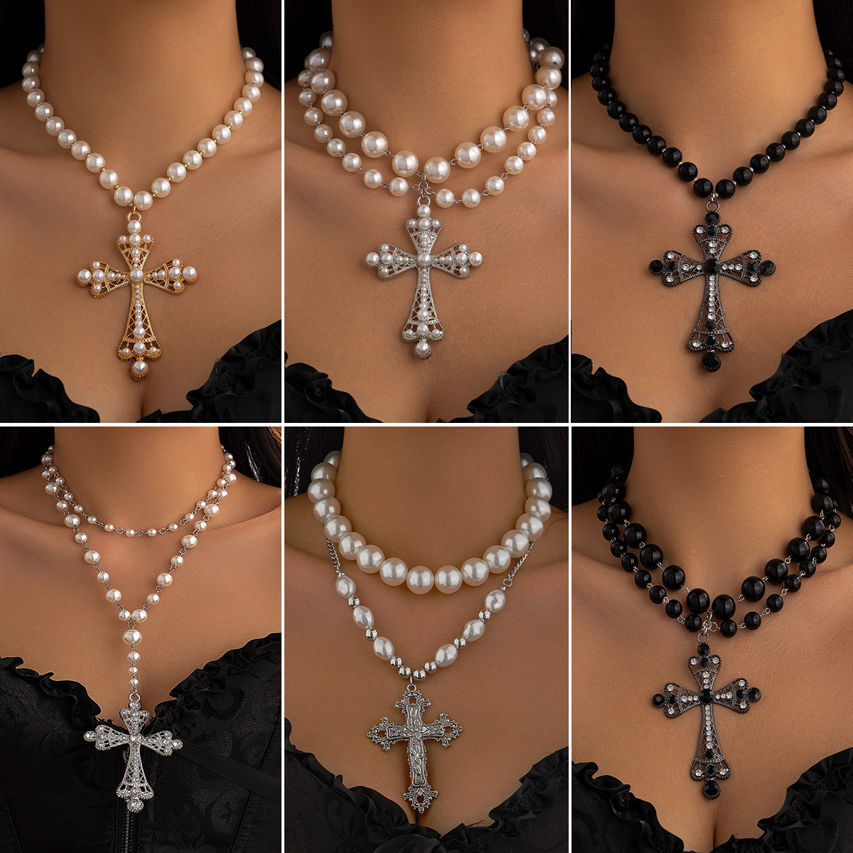 Wholesale European and American Cross-border Cyberpunk Cross Necklace Dark Exaerated Micro-inlaid Imitation Pearl Multi-layered Stacked Jewelry