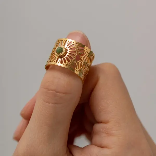 Wholesale Jewelry Fashion Round 304 Stainless Steel Natural Stone PVD Coated Plating Inlay Open Ring