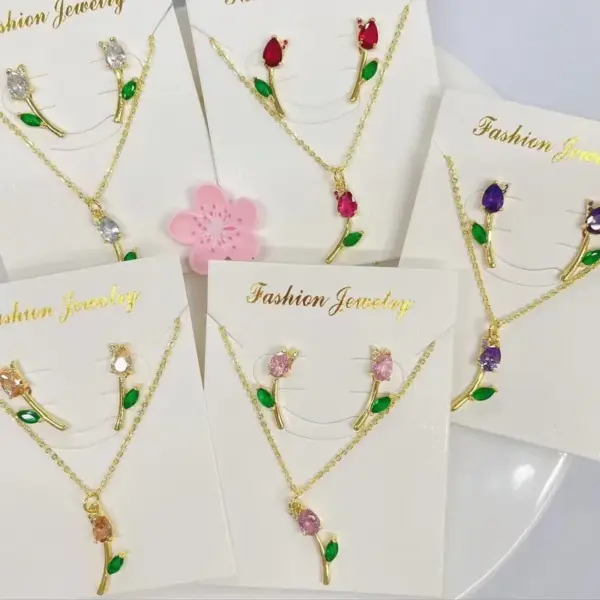oly-721086751badf05dd85709be286ffd00 Wholesale Jewelry Casual Modern Style Sweet Tulips Copper Zircon 18K Gold Plated lishing Inlay Jewelry Set Cable Chain