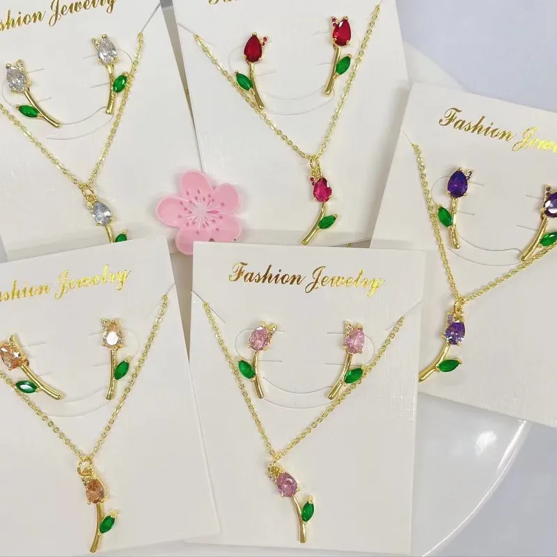 Wholesale Jewelry Casual Modern Style Sweet Tulips Copper Zircon 18K Gold Plated lishing Inlay Jewelry Set Cable Chain