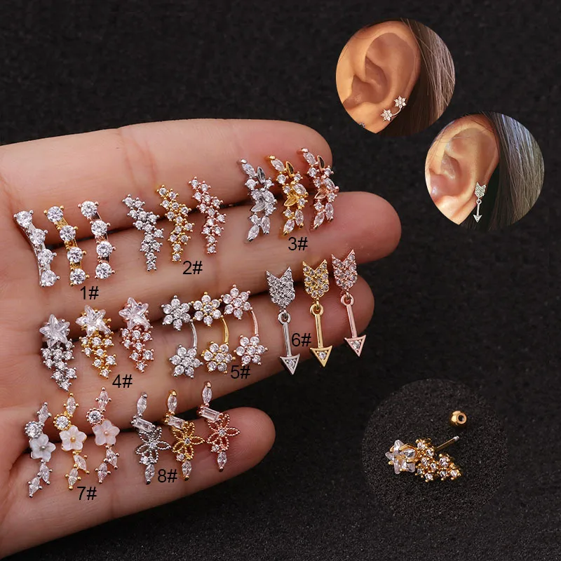 Wholesale 316L Stainless Steel Copper Ear Cartilage Rings & Studs Flower Waterproof Non Tarnish Surgical Steel