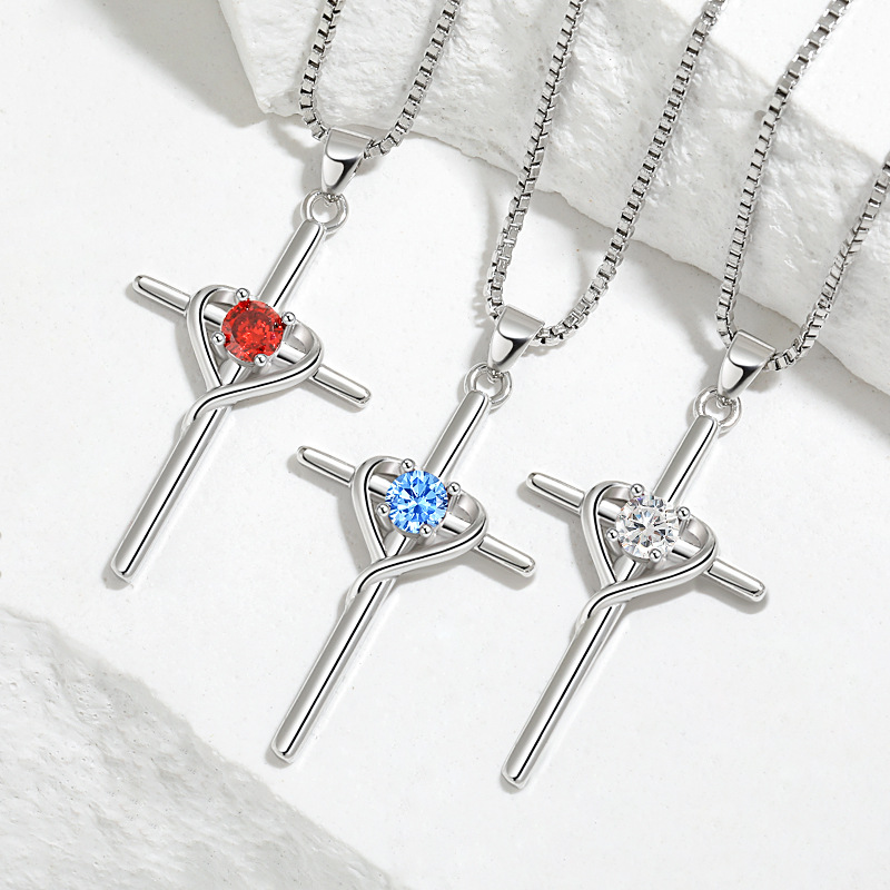 Wholesale Cross-Border heart-shaped twee contion stone clavicle chain European and American retro cold wind faith cross necklace
